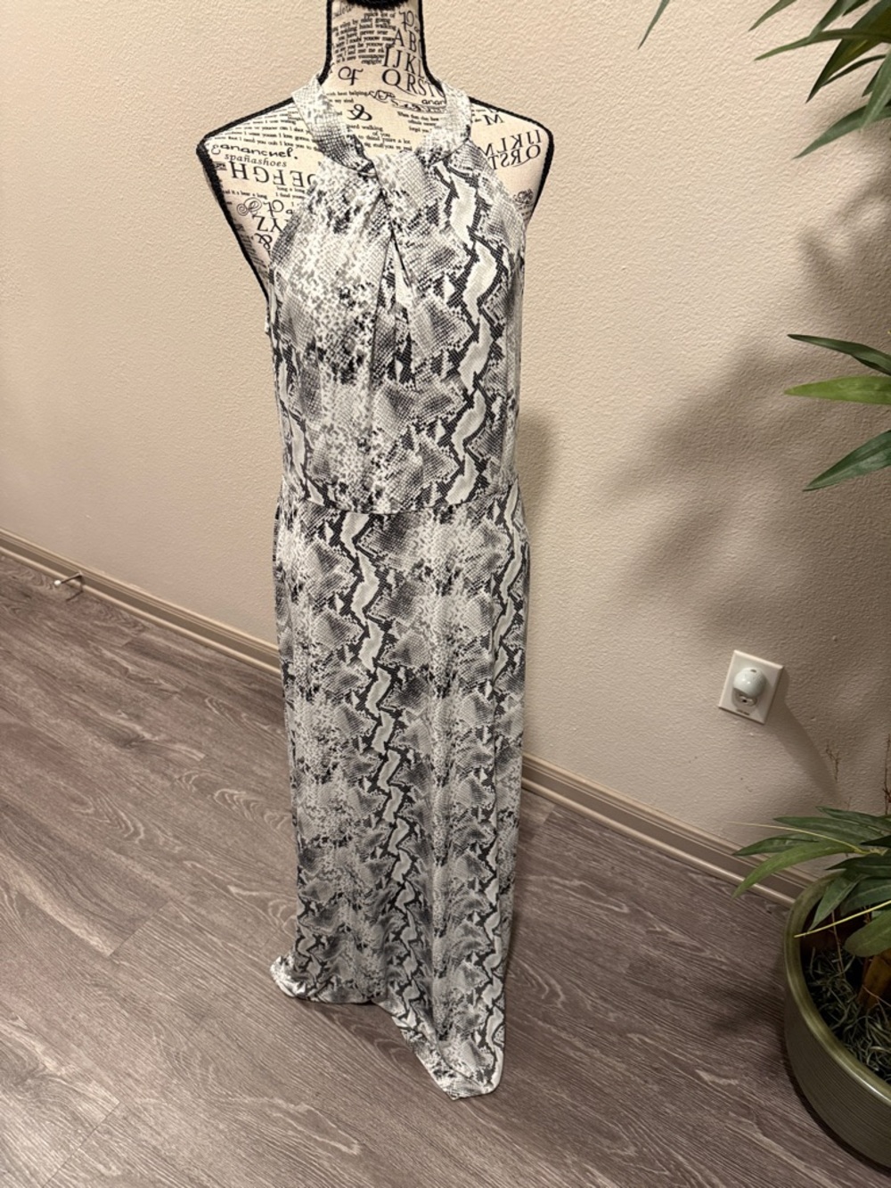 Nina Leonard Black & White Snake-Print Maxi Dress